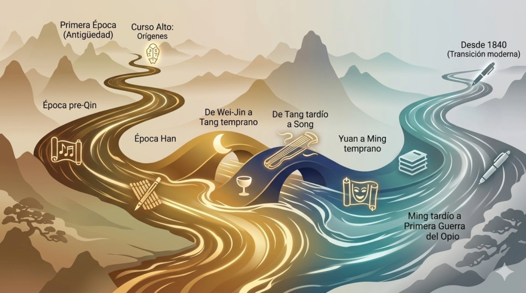 Infografía minimalista de la línea del tiempo de la literatura china. Una cinta dorada fluye a través de siete nodos brillantes que representan los periodos clave, desde la época pre-Qin hasta la era moderna, con iconos de bambú, pinceles y libros sobre un fondo de montañas estilizadas.