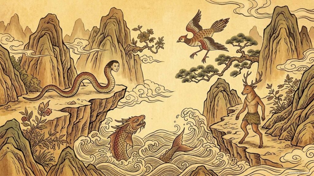 Ilustración de criaturas del Clásico de los Montes y los Mares: seres fantásticos entre montañas y mares