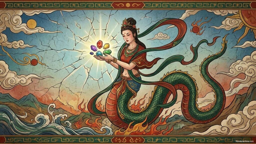 Ilustración de Nüwa, diosa con cuerpo de serpiente, reparando el cielo con piedras de colores
