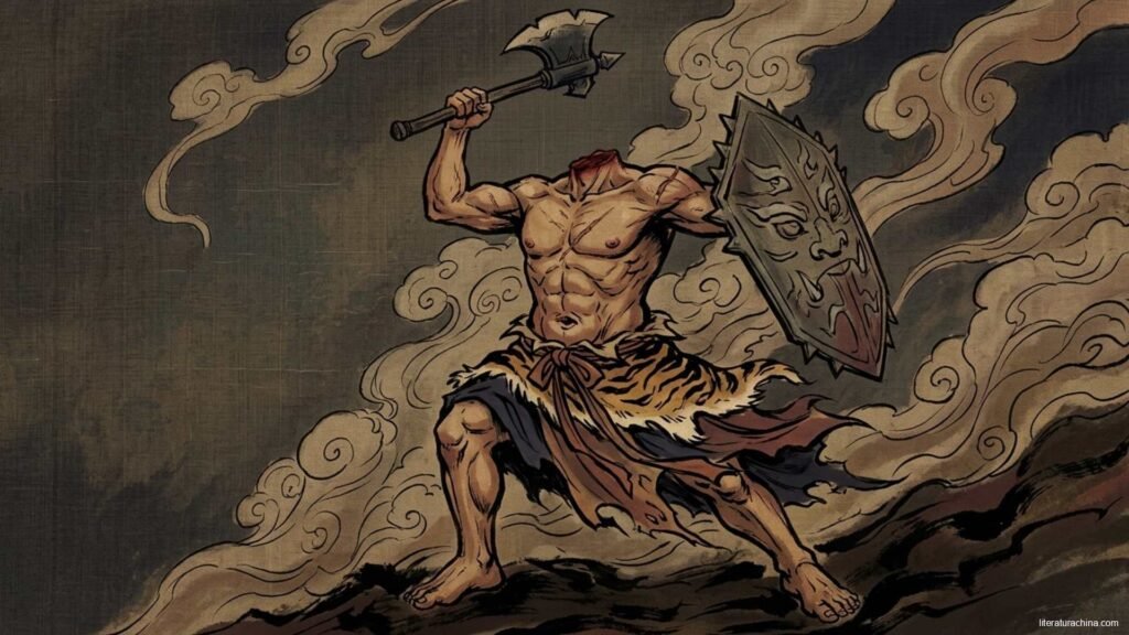 Ilustración de Xingtian, el guerrero sin cabeza que sigue danzando con su hacha hacia el cielo