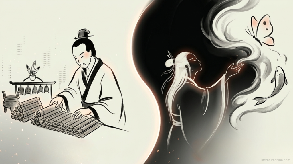 Composición visual que ilustra la tensión entre la visión confuciana y taoísta de la literatura. El lado izquierdo representa el orden y la ética (Rújiā) con un erudito organizando rollos de textos; el lado derecho representa la libertad y la naturaleza (Dàojiā) con una figura etérea rodeada de mariposas y peces, evocando el concepto de "olvidar las palabras al capturar el sentido".