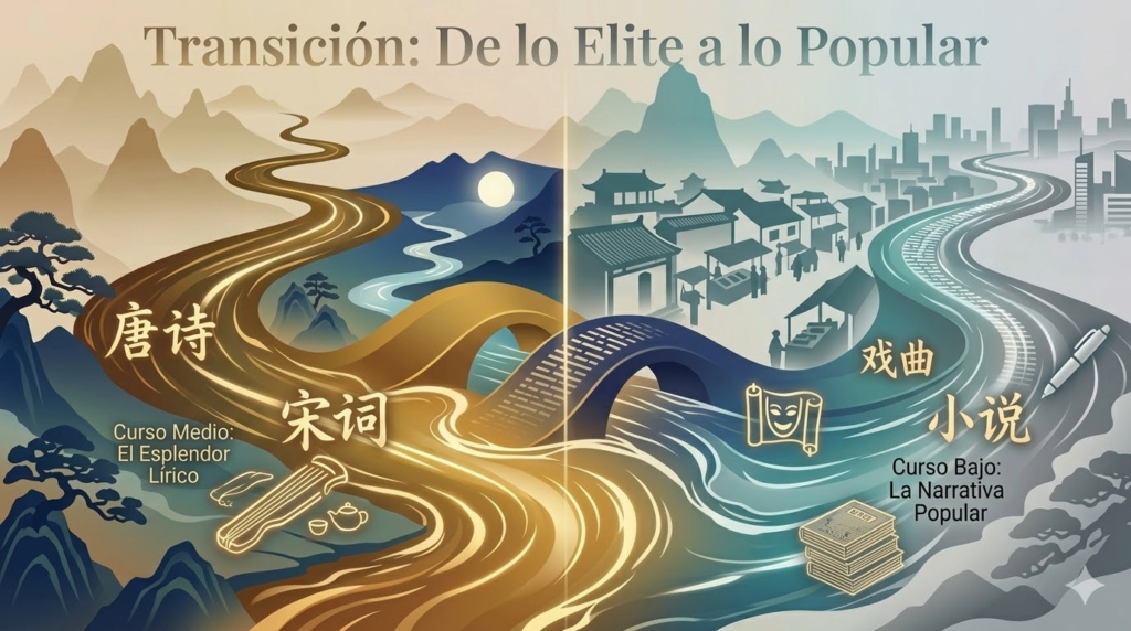 Ilustración conceptual que muestra la transición en la literatura china. El lado izquierdo representa la lírica de élite de las dinastías Tang y Song con paisajes de tinta zen, mientras que el lado derecho muestra la narrativa popular de las dinastías Ming y Qing con escenas urbanas y teatro, unidos por un río dorado.